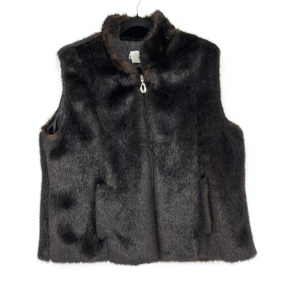 Neckworks Faux Fur Vest Womens Size XL Full Zip Mock Neck Dark Brown